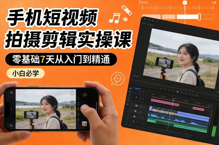 手机短视频拍摄剪辑实操课，零基础7天从入门到精通，小白必学-校睿铺