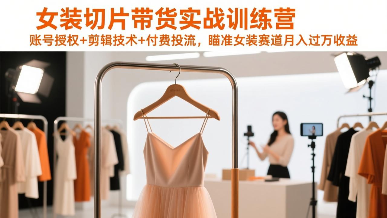 女装切片带货实战训练营，账号授权+剪辑技术+付费投流，瞄准女装赛道月入过万收益-校睿铺