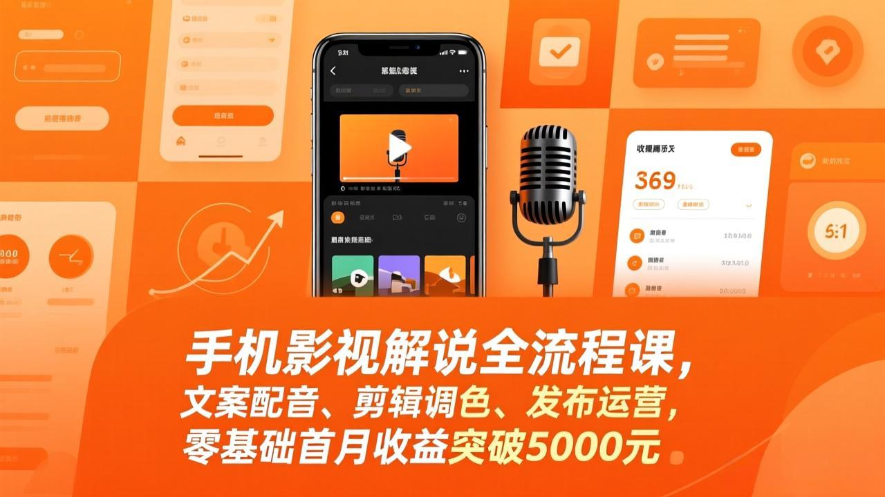 手机影视解说全流程课，文案配音、剪辑调色、发布运营，零基础首月收益突破5000元-校睿铺