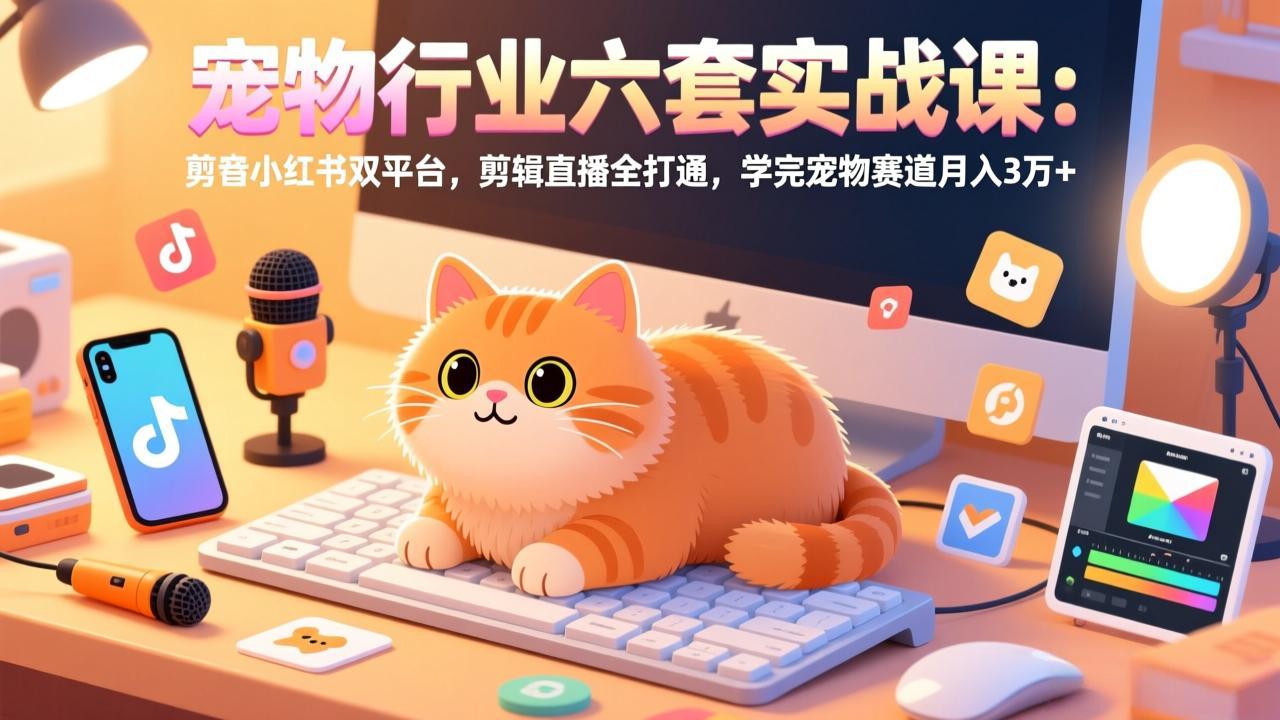 宠物行业六套实战课：抖音小红书双平台，剪辑直播全打通，学完宠物赛道月入3万+-校睿铺