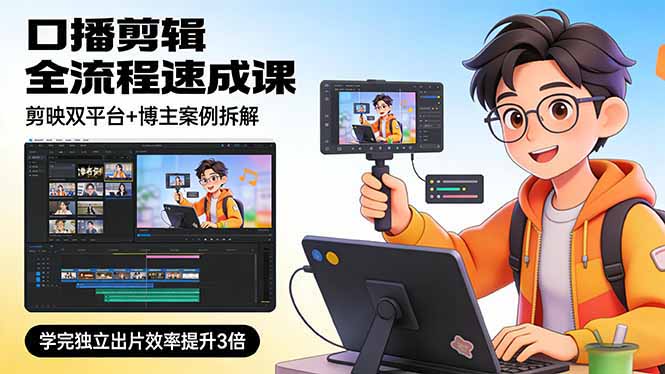 口播剪辑全流程速成课，剪映双平台+博主案例拆解，学完独立出片效率提升3倍-校睿铺