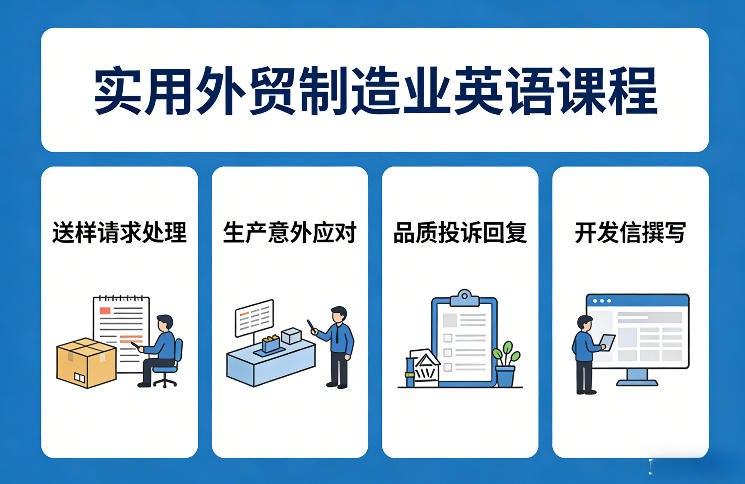 实用外贸制造业英语课程，教你专业处理送样请求、应对生产意外、回复品质投诉、撰写开发信等-校睿铺
