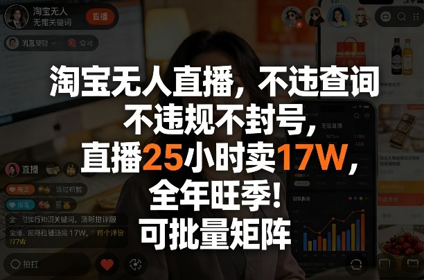 淘宝无人直播，不违规不封号，直播25小时卖17W，全年旺季！可批量矩阵【揭秘】-校睿铺