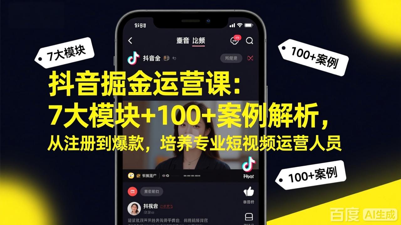 抖音掘金运营课：7大模块+100+案例解析，从注册到爆款，培养专业短视频运营人员-校睿铺