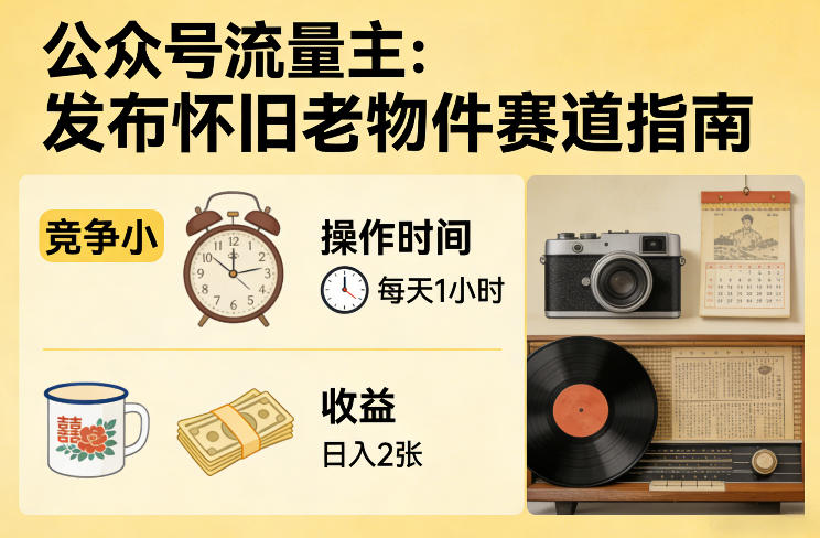 公众号流量主之发布怀旧老物件赛道，竞争小，每天操作1小时，日入2张-校睿铺
