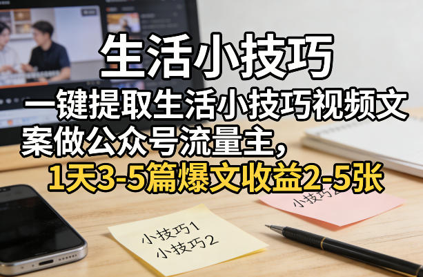 一键提取生活小技巧视频文案做公众号流量主，1天3-5篇爆文收益2-5张-校睿铺