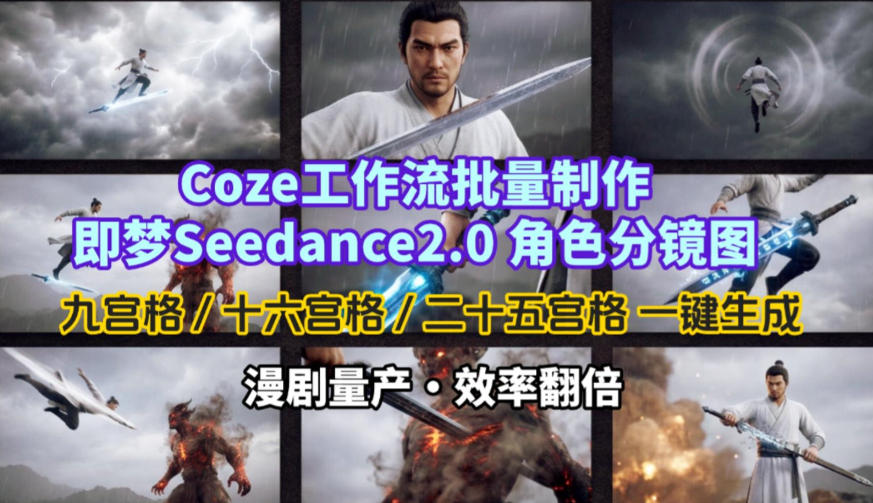 Coze工作流批量制作即梦Seedance2.0角色分镜图，九宫格-十六宫格-二十五宫格一键生成，漫剧量产，效率翻倍-校睿铺