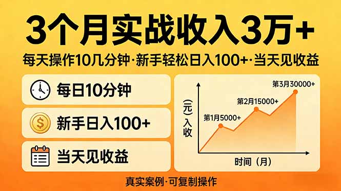 3个月实战收入3万+，每天操作10几分钟，新手轻松日入100+，当天见收益-校睿铺