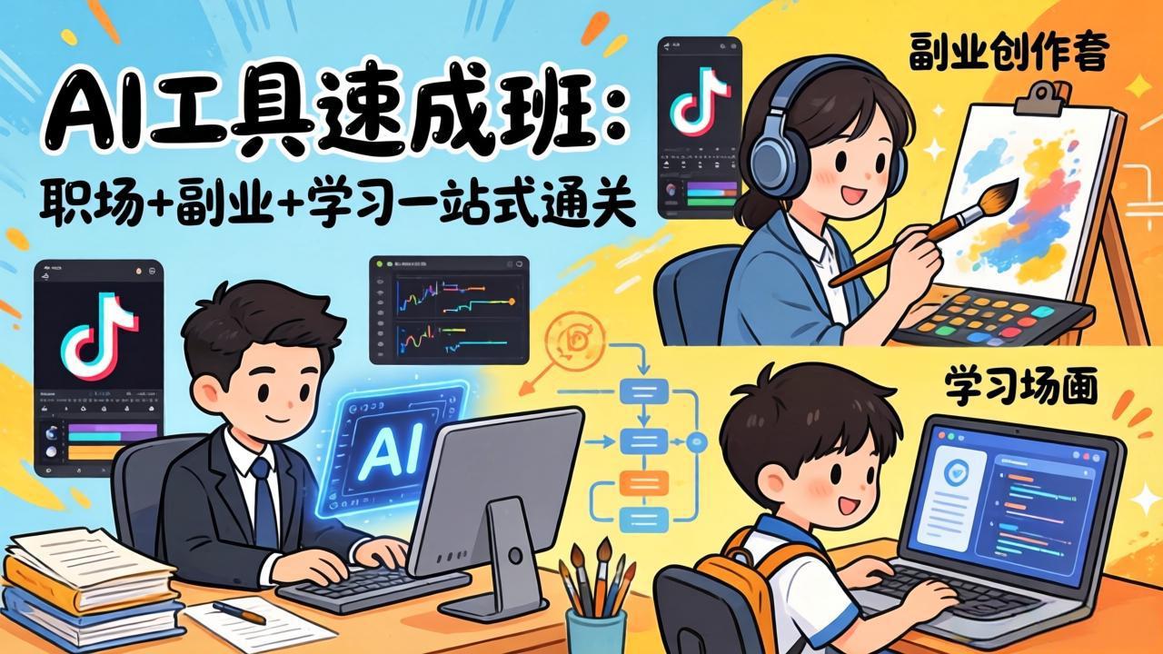 AI工具速成班：职场+副业+学习一站式通关，20+爆款类型+剪映技巧+抖音算法，0基础快速上手-校睿铺