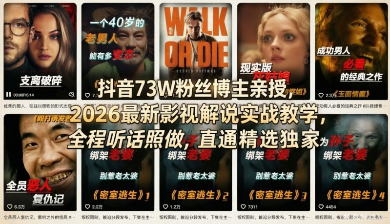 抖音73W粉丝博主亲授，2026最新影视解说实战教学，全程听话照做，直通精选独家-校睿铺
