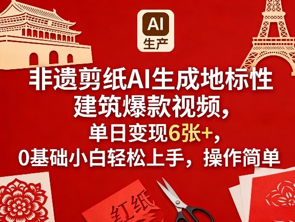 非遗剪纸AI生成地标性建筑爆款视频，单日变现6张+，0基础小白轻松上手，操作简单-校睿铺