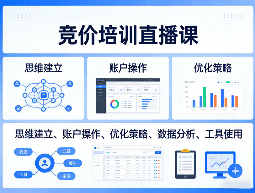 竞价培训直播课，覆盖思维建立、账户操作、优化策略、数据分析、工具使用等，全方位提升效果-校睿铺
