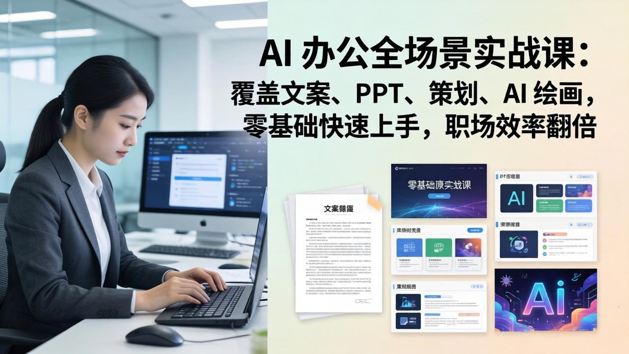 AI 办公全场景实战课：覆盖文案、PPT、策划、AI 绘画，零基础快速上手，职场效率翻倍-校睿铺