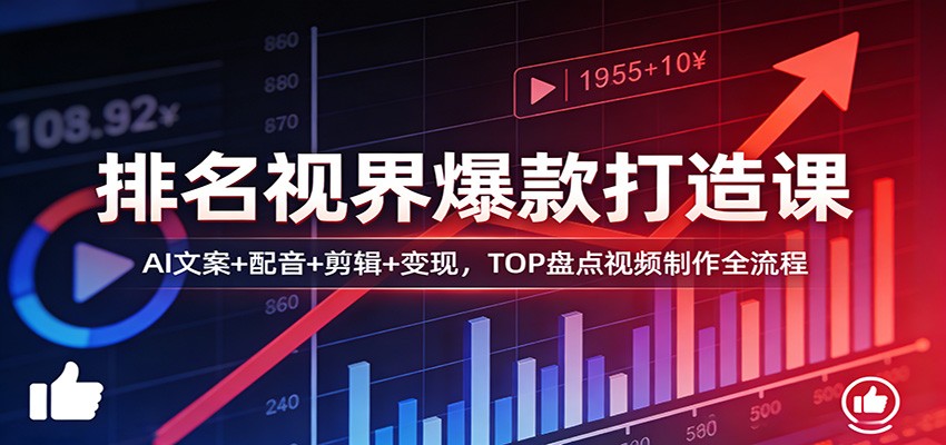 排名视界爆款打造课：AI文案+配音+剪辑+变现，TOP盘点视频制作全流程-校睿铺