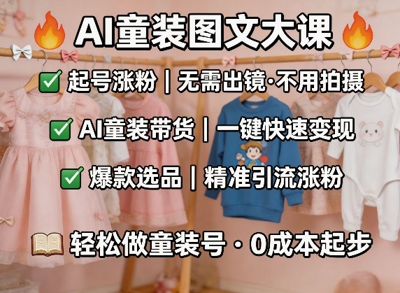 AI童装图文剪辑，某社群童装图文大课，起号涨粉、AI童装带货、爆款选品，无需出镜和拍摄-校睿铺