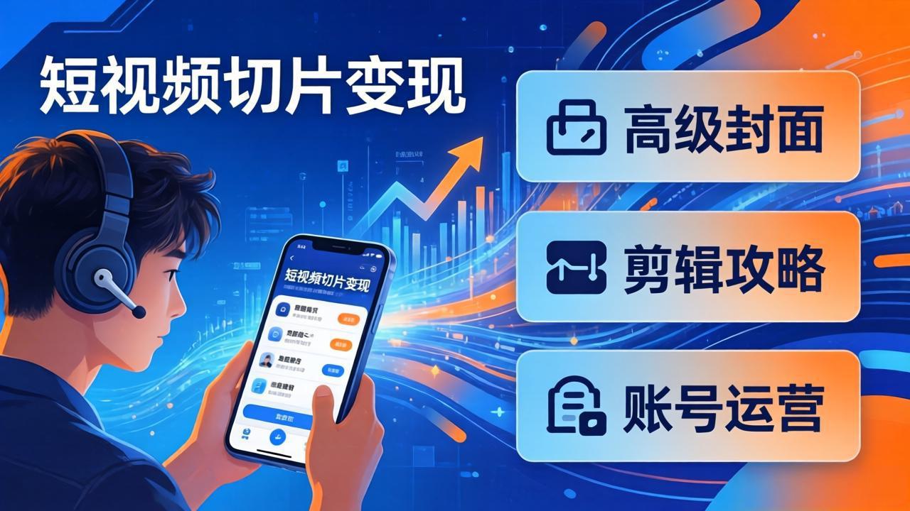 短视频切片变现速成班2.0：高级封面+剪辑攻略+账号运营，0基础小白快速入局副业-校睿铺