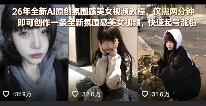 26年全新AI原创氛围感美女视频教程，仅需两分钟即可创作一条全新氛围感美女视频，快速起号涨粉-校睿铺