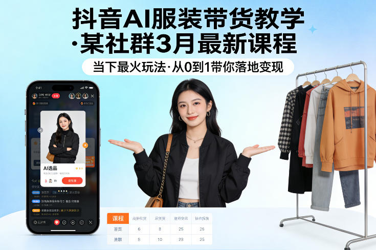 抖音AI服装带货教学，某社群3月最新课程，当下最火玩法，从0到1带你落地变现-校睿铺