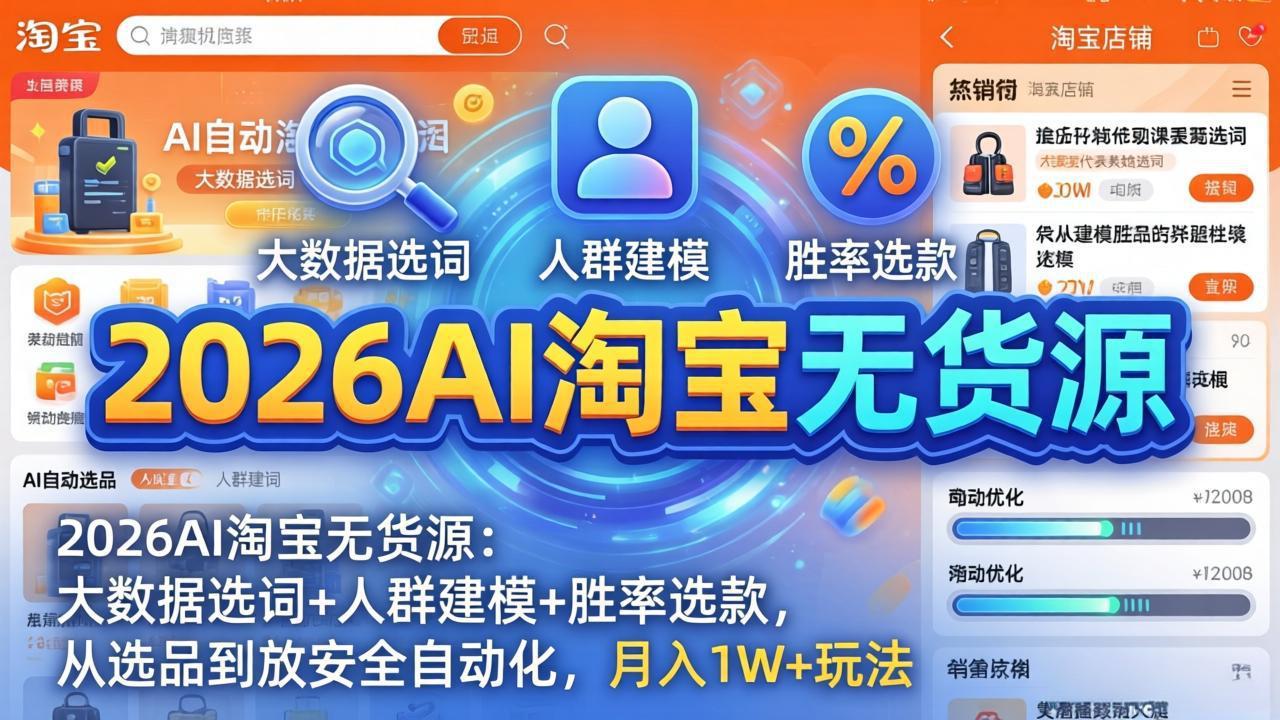 2026AI淘宝无货源：大数据选词+人群建模+胜率选款，从选品到放大全自动化，月入1W+玩法-校睿铺