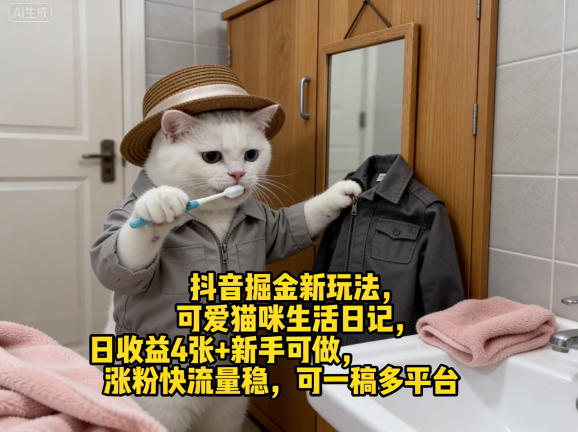 抖音掘金新玩法，可爱猫咪生活日记，日收益4张+新手可做，涨粉快流量稳，可一稿多平台-校睿铺