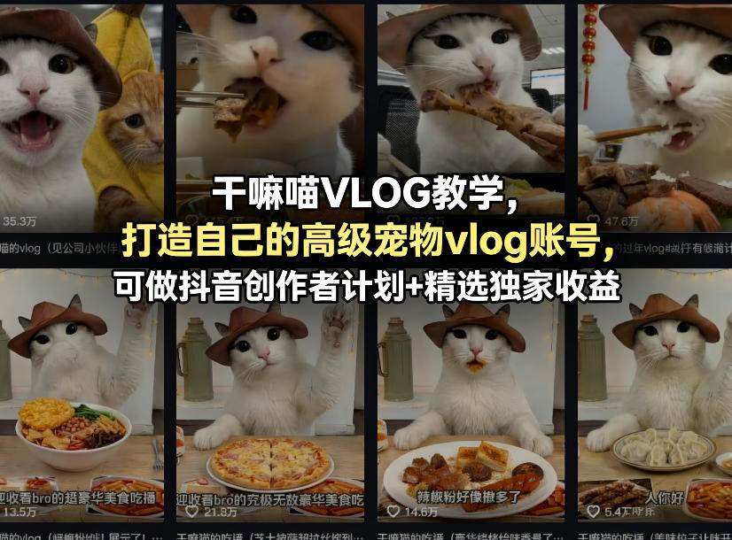 干嘛喵VLOG教学，打造自己的高级宠物vlog账号，可做抖音创作者计划+精选独家收益-校睿铺