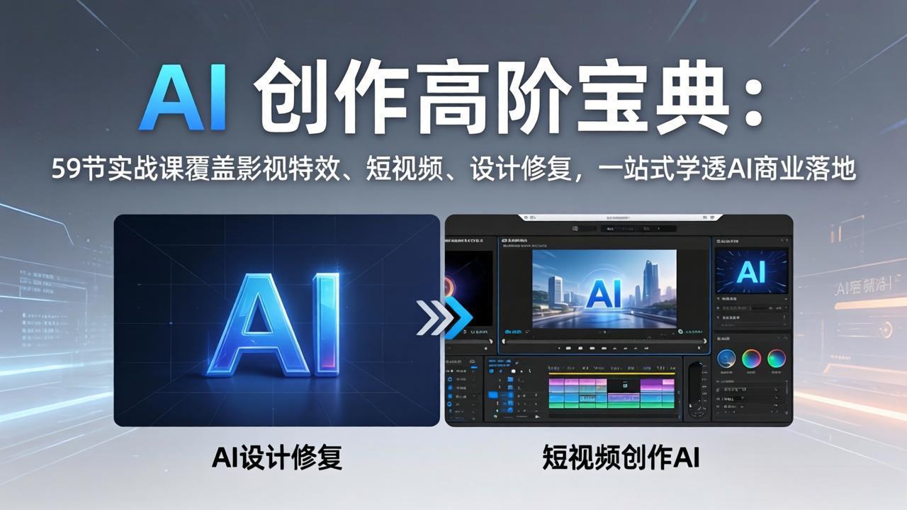 AI 创作高阶宝典：59节实战课覆盖影视特效、短视频、设计修复，一站式学透AI商业落地-校睿铺