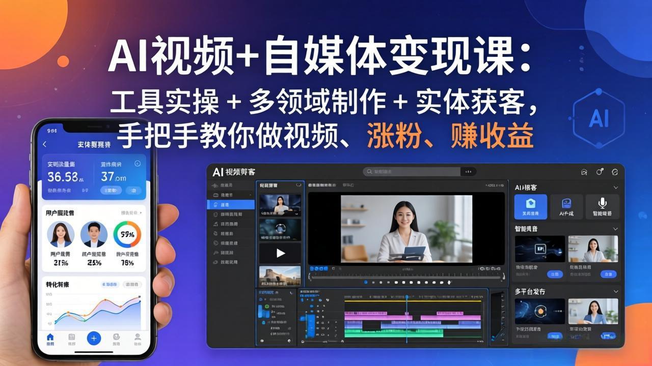 AI视频+自媒体变现课：工具实操 + 多领域制作 + 实体获客，手把手教你做视频、涨粉、赚收益-校睿铺