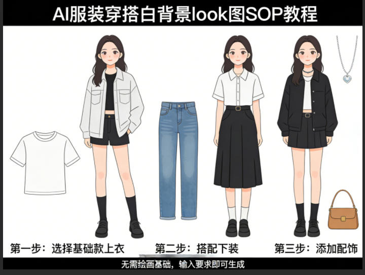 AI服装穿搭白背景look图SOP教程，不用会画画，提几句具体要求，AI就能还你一个奇迹-校睿铺