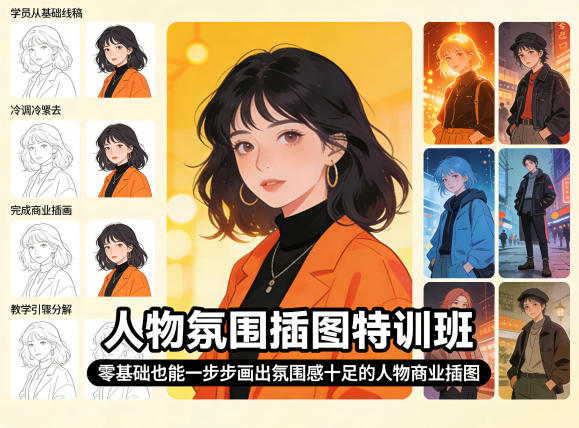 人物氛围插图特训班，零基础也能一步步画出氛围感十足的人物商业插图-校睿铺