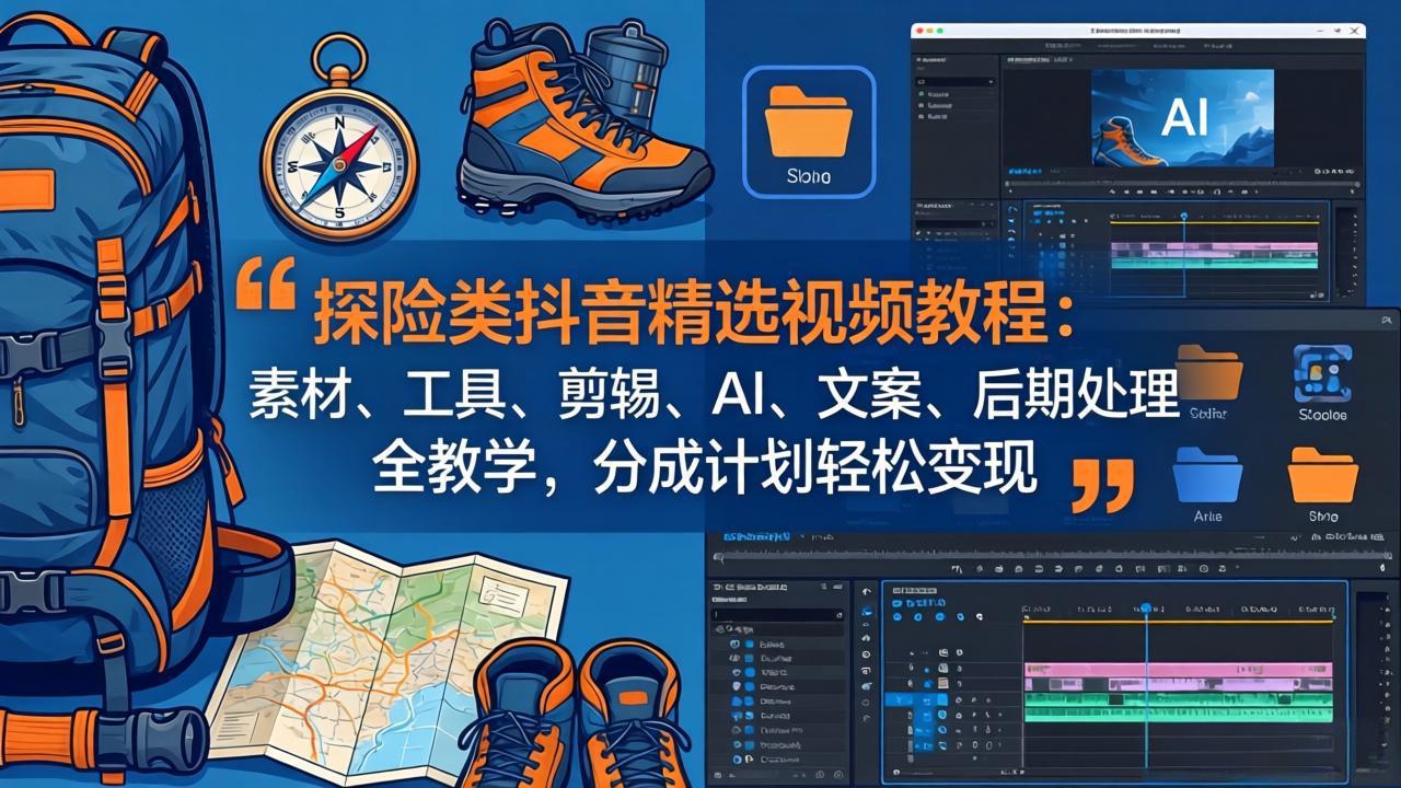 探险类抖音精选视频教程：素材、工具、剪辑、AI、文案、后期处理全教学，分成计划轻松变现-校睿铺