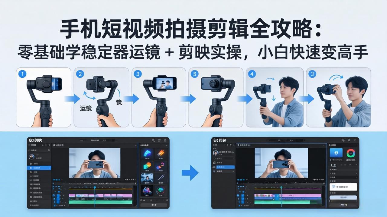 手机短视频拍摄剪辑全攻略：零基础学稳定器运镜 + 剪映实操，小白快速变高手-校睿铺