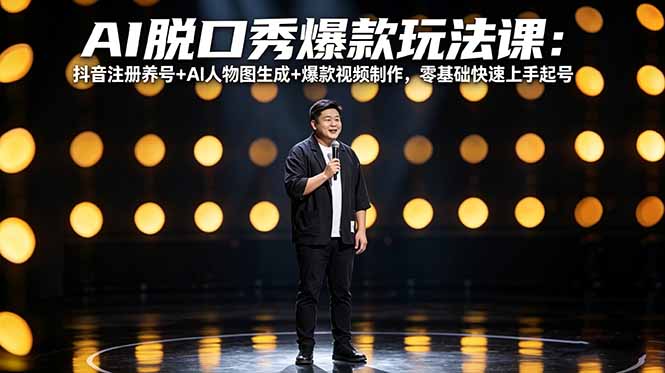 AI脱口秀爆款玩法课：抖音注册养号+AI人物图生成+爆款视频制作，零基础快速上手起号-校睿铺