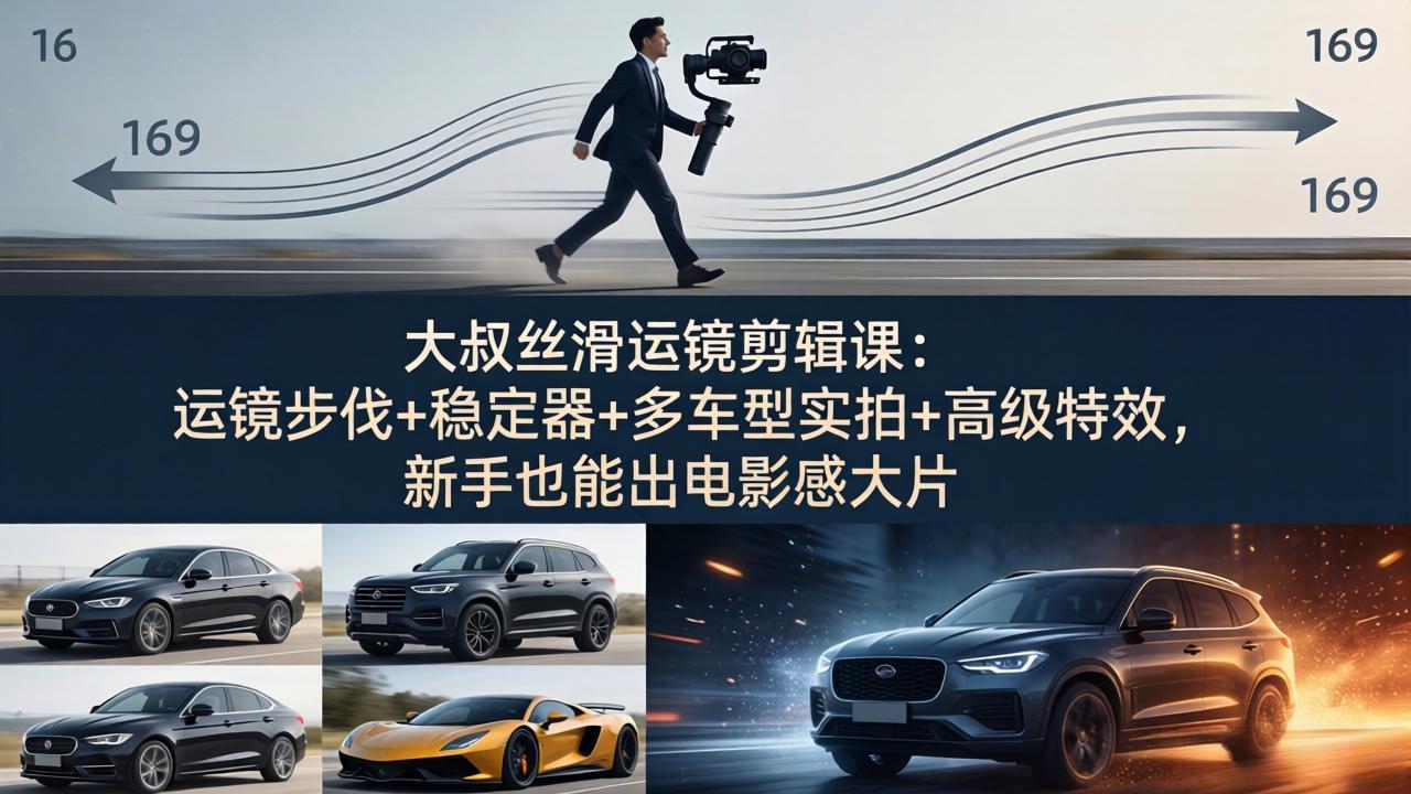 大叔丝滑运镜剪辑课：运镜步伐+稳定器+多车型实拍+高级特效，新手也能出电影感大片-校睿铺