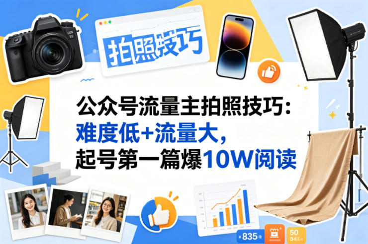 公众号流量主之拍照技巧赛道，难度低+流量大，起号第一篇就爆了10w阅读-校睿铺