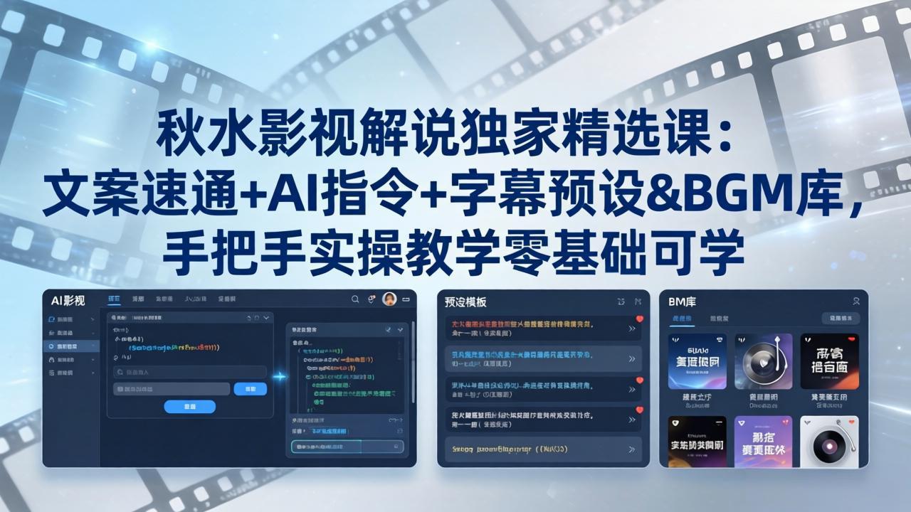 秋水影视解说独家精选课：文案速通+AI指令+字幕预设+BGM库，手把手实操教学零基础可学-校睿铺