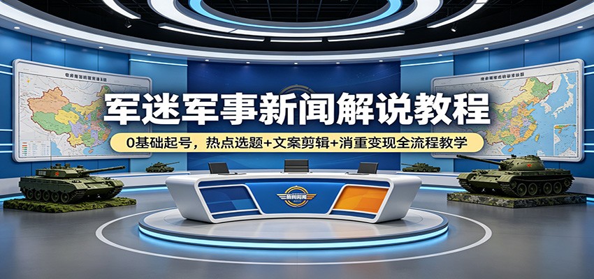 军迷军事新闻解说教程：0基础起号，热点选题+文案剪辑+消重变现全流程教学-校睿铺