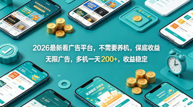 2026最新看广告平台，不需要养机，保底收益，无限广告，多机一天200+，收益稳定【揭秘】-校睿铺