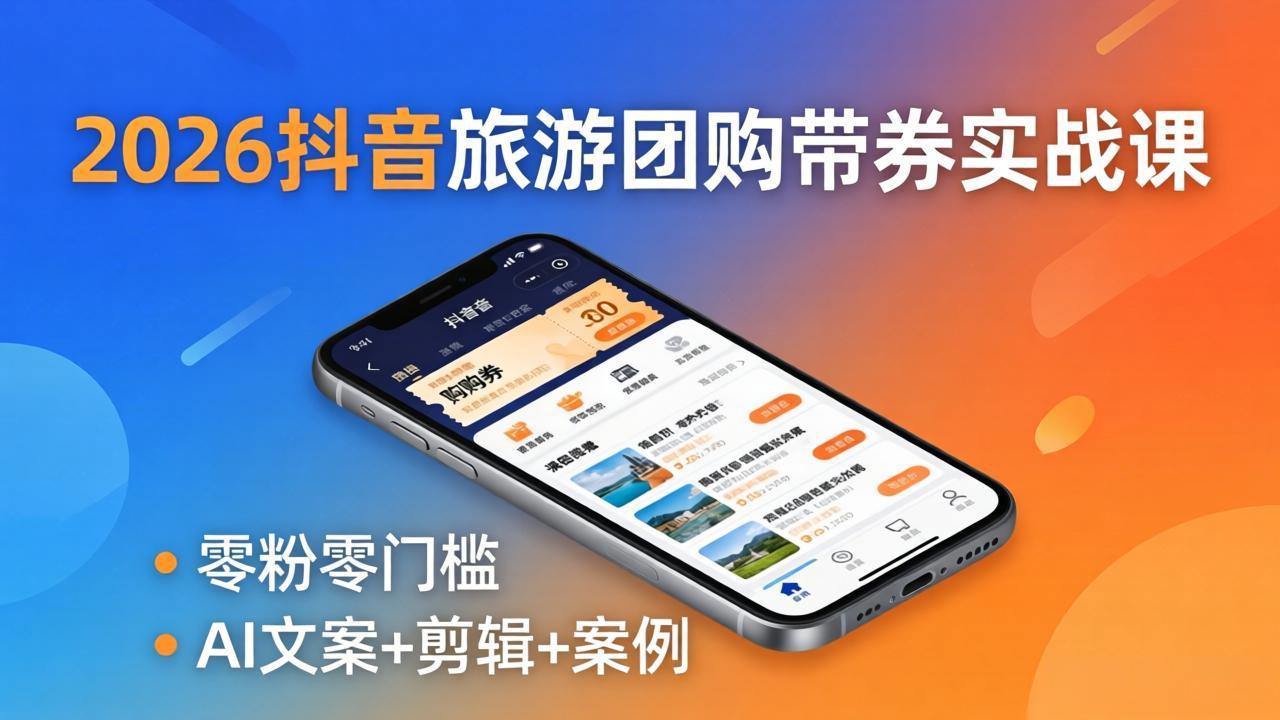 2026抖音旅游团购带券实战课：零粉零门槛，AI文案+剪辑+案例，躺着赚门票佣金-校睿铺
