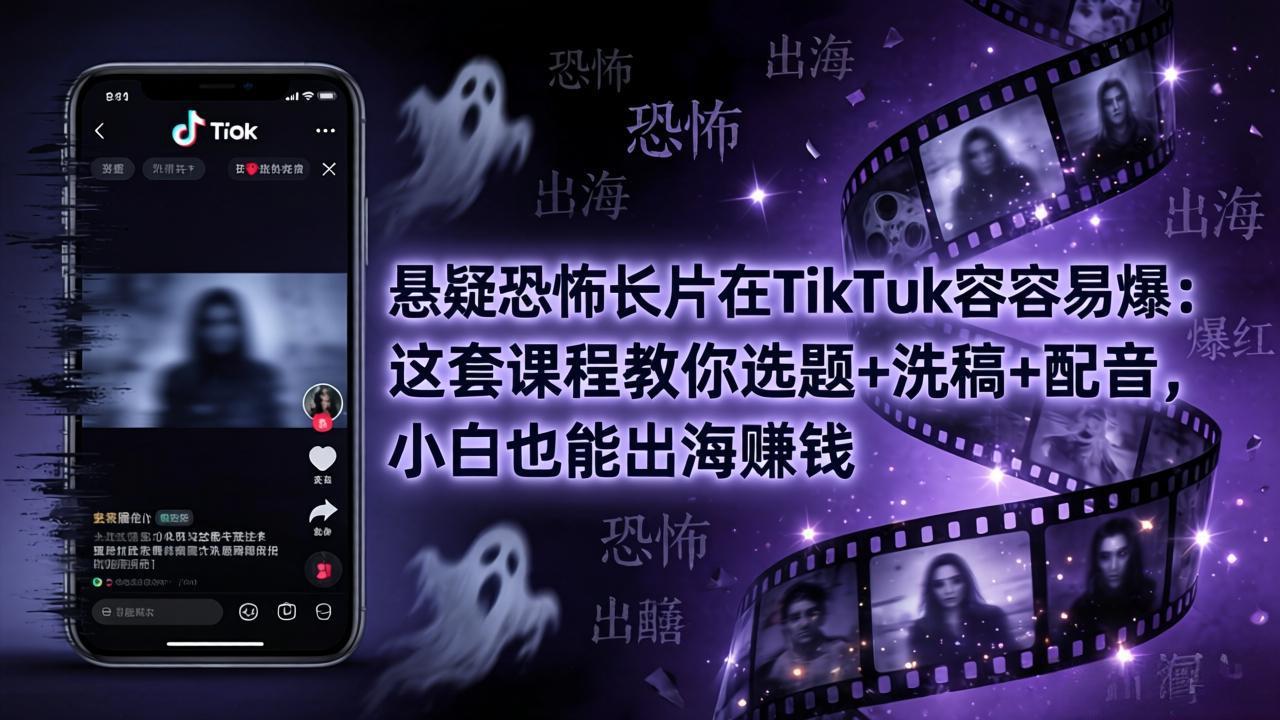 悬疑恐怖长片在TikTok最容易爆：这套课程教你选题+洗稿+配音，小白也能出海赚钱-校睿铺