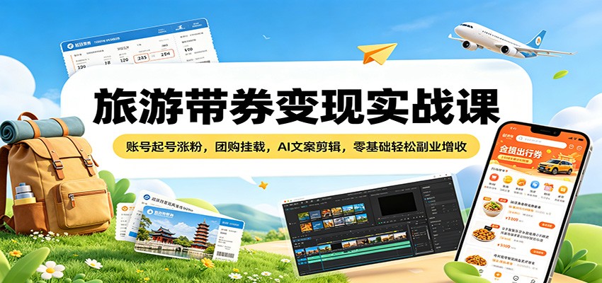 旅游带券变现实战课：账号起号涨粉，团购挂载，AI文案剪辑，零基础轻松副业增收-校睿铺