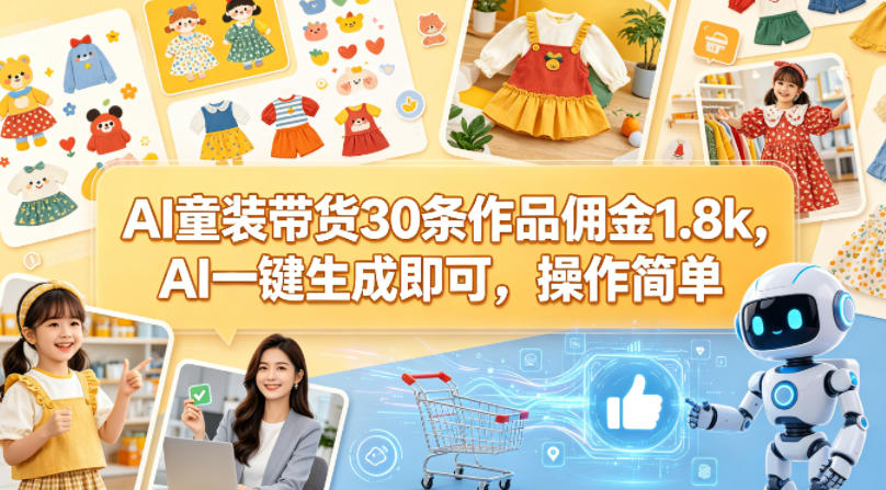 AI童装带货30条作品佣金1.8k，AI一键生成即可，操作简单-校睿铺