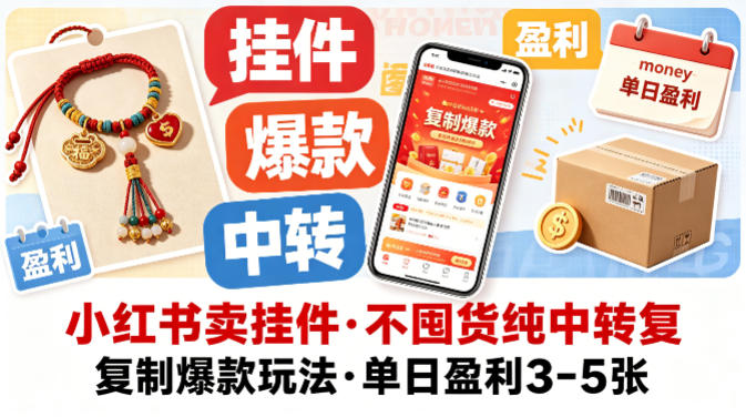 小红书卖挂件，不囤货纯中转复制爆款玩法，单日盈利3-5张-校睿铺