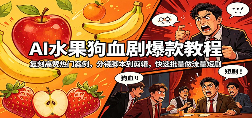 AI水果狗血剧爆款教程：复刻高赞热门案例，分镜脚本到剪辑，快速批量做流量短剧-校睿铺