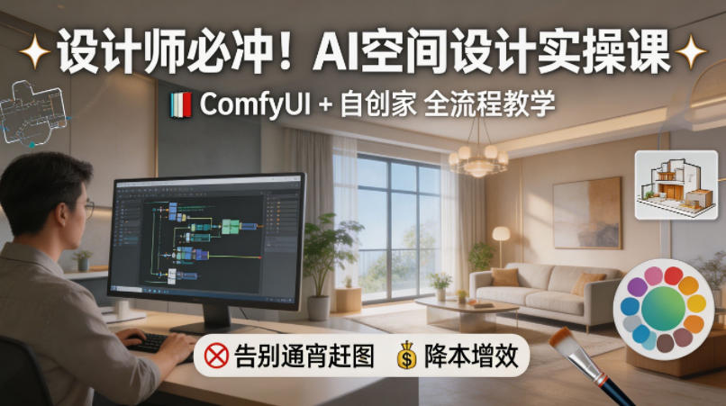 设计师必冲！AI空间设计实操课，ComfyUI+自创家全教学，告别通宵赶图，降本增效-校睿铺