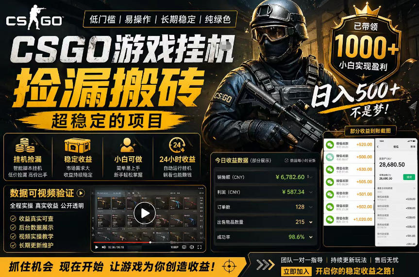CSGO游戏搬砖，全自动挂G，不需要玩游戏，手机操作日入300+，解放双手【揭秘】-校睿铺