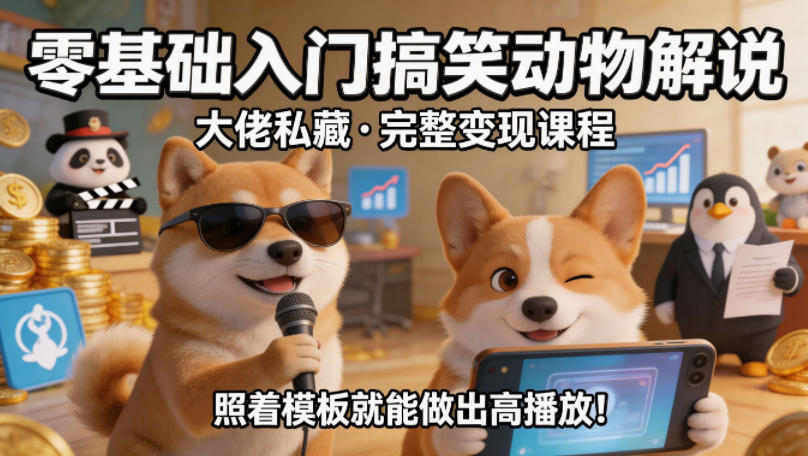 零基础入门搞笑动物解说，大佬私藏完整变现课程，照着模板就能做出高播放-校睿铺