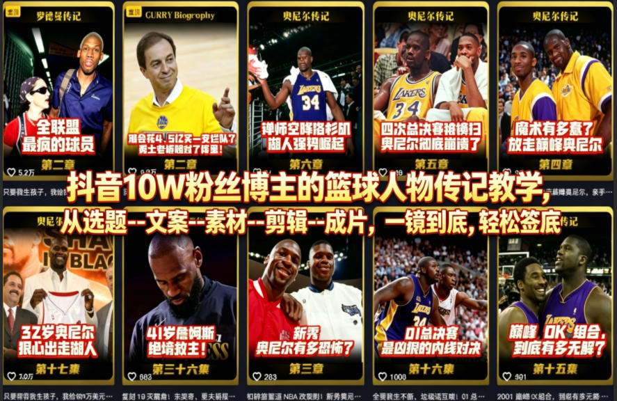 抖音10W粉丝博主的篮球人物传记教学，从选题–文案–素材–剪辑–成片，一镜到底，轻松签约精选独家-校睿铺