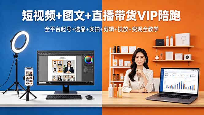 短视频+图文+直播带货VIP陪跑，全平台起号+选品+实拍+剪辑+投放+变现全教学-校睿铺