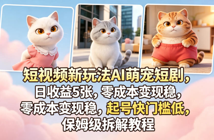 短视频新玩法AI萌宠短剧，日收益5张，零成本变现稳，起号快门槛低，保姆级拆解教程-校睿铺