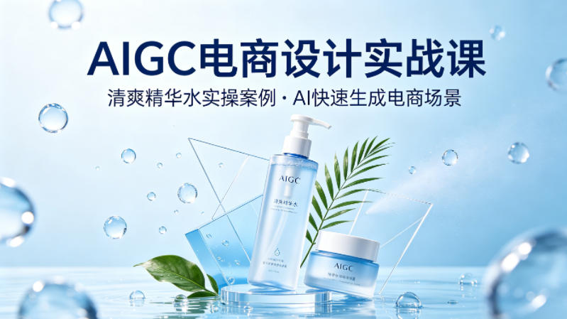 AIGC电商设计实战课，以清爽精华水为实操案例，教你用AI快速生成电商场景-校睿铺